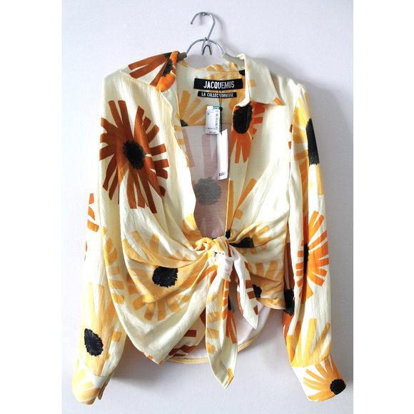 JACQUEMUS La Chemise Bahia / Size 34 / US 2 / Print Flowers Knotted Draped Shirt - Picture 5 of 8